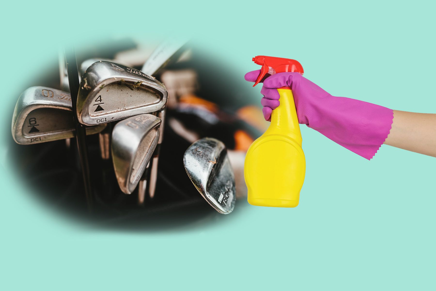 Bag of dirty golf clubs juxtaposed with a cleaning spray held by a hand in a purple rubber glove