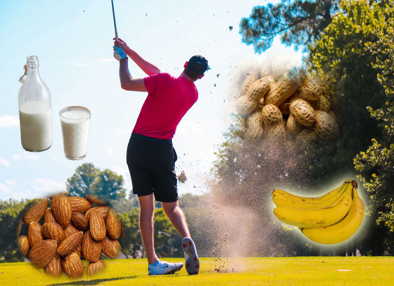 Golfer hitting an iron from the fairway with healthy snacks to refuel him